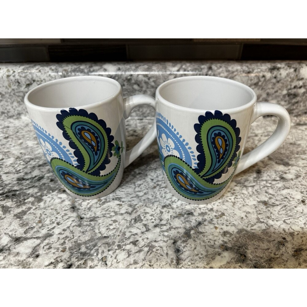 Royal Norfolk Set of 2 Paisley Coffee Mugs Cups Stoneware Blue Green White 12oz